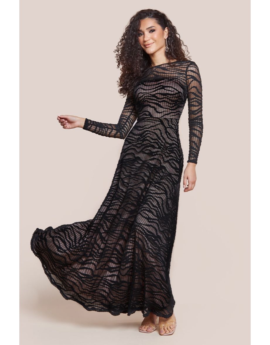 Goddiva Geo Wave Flare Skirt Long Sleeve Maxi Dress - Black