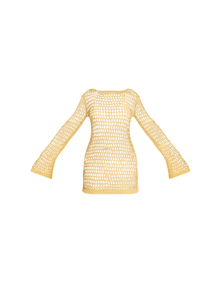 Butter Yellow Crochet Long Sleeve Beach Mini Dress - 4
