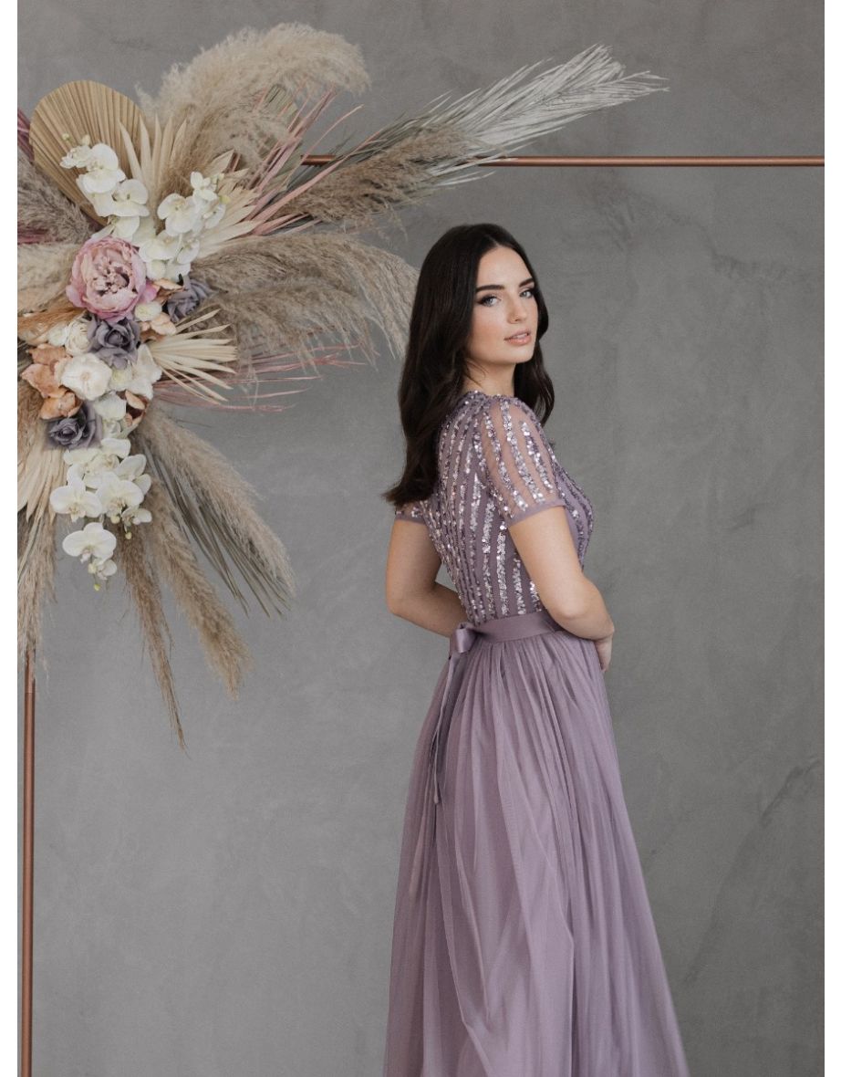 Maya Moody Lilac Stripe Embellished Maxi Dress With Sash Belt - 3