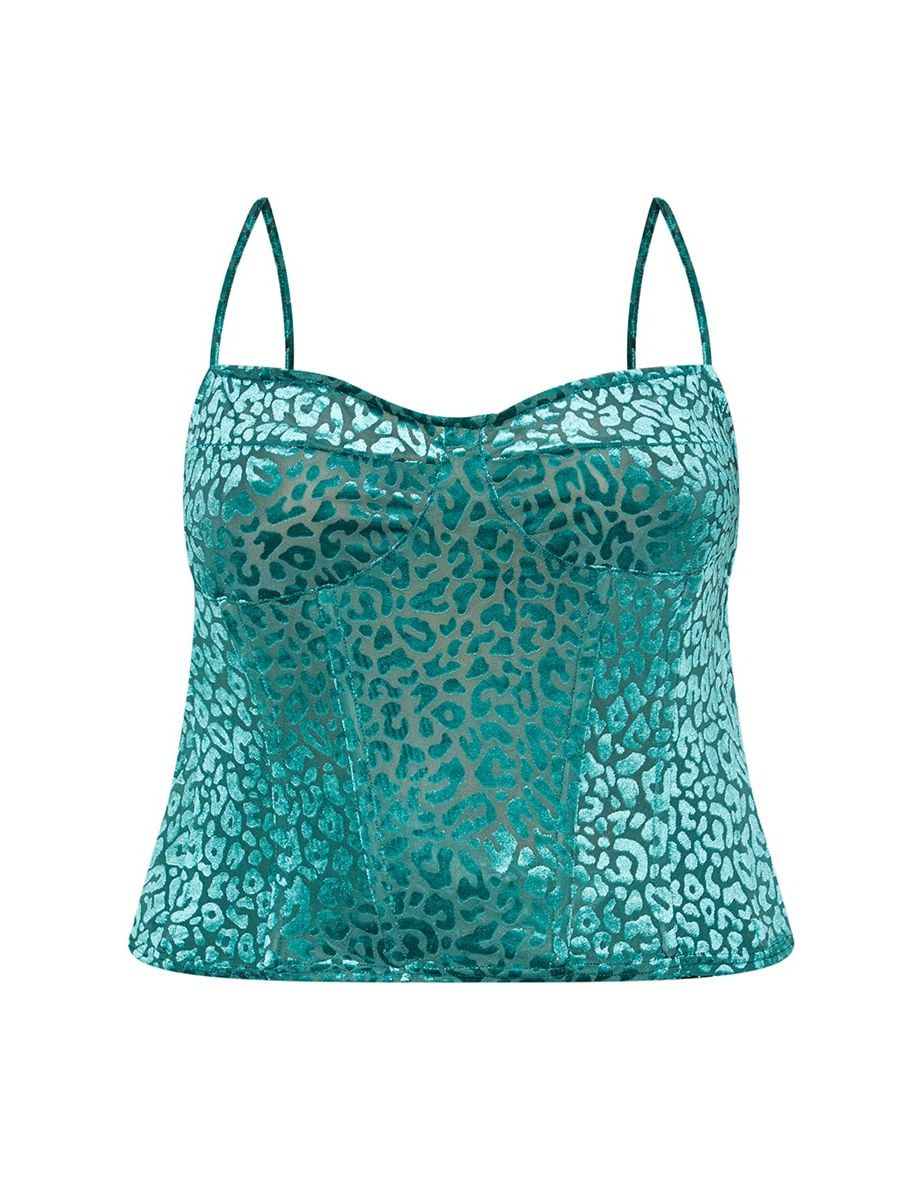 Plus Emerald Green Leopard Velvet Structured Corset Top - 4