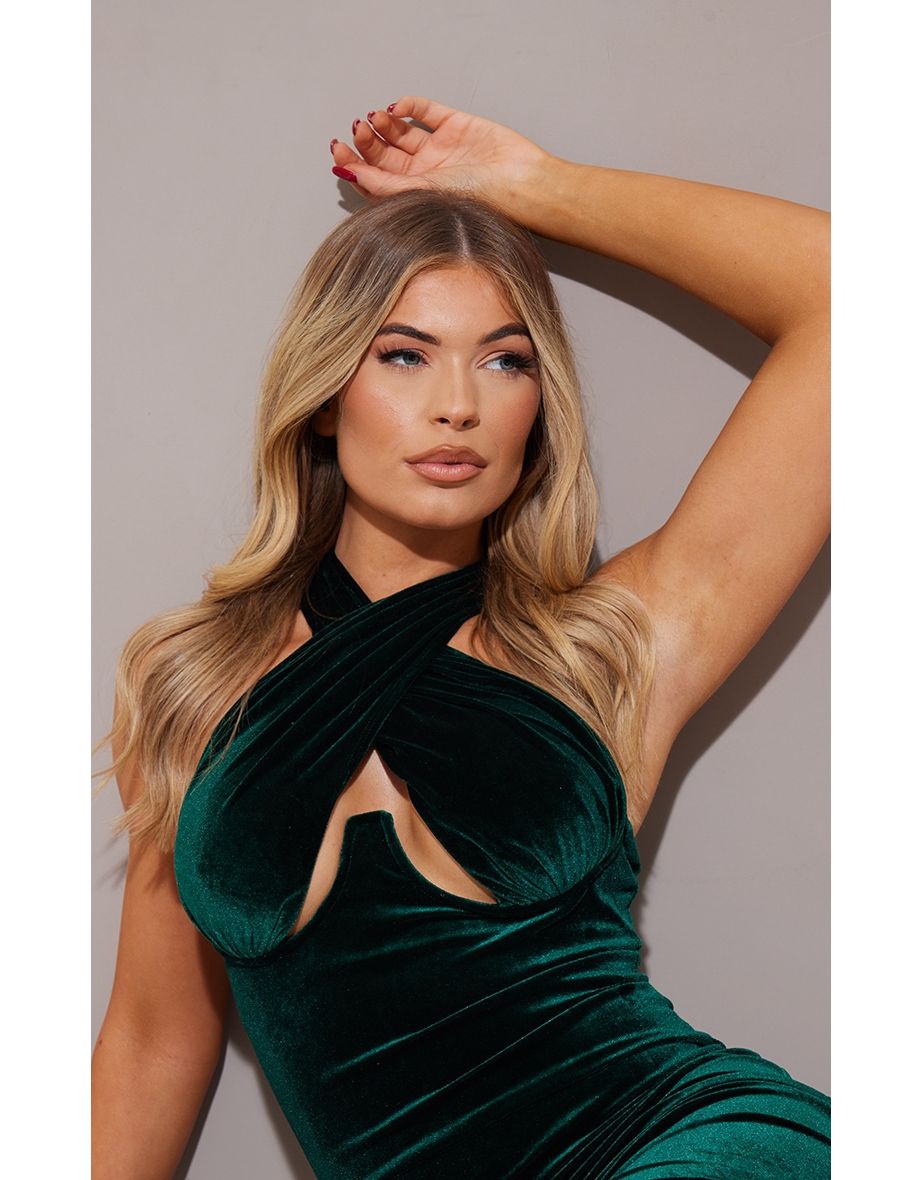 Emerald Green Velvet Underwired Cross Front Midaxi Dress - 3