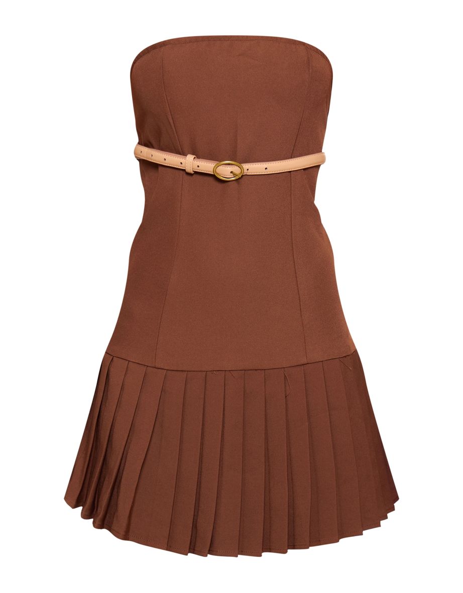 Chocolate Brown Belted Pleated Skirt Bodycon Dress - 4