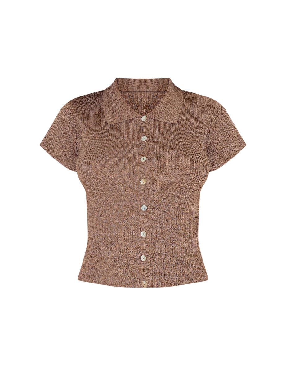 Deep Mocha Filagree Button Through Short Sleeve Top - 4