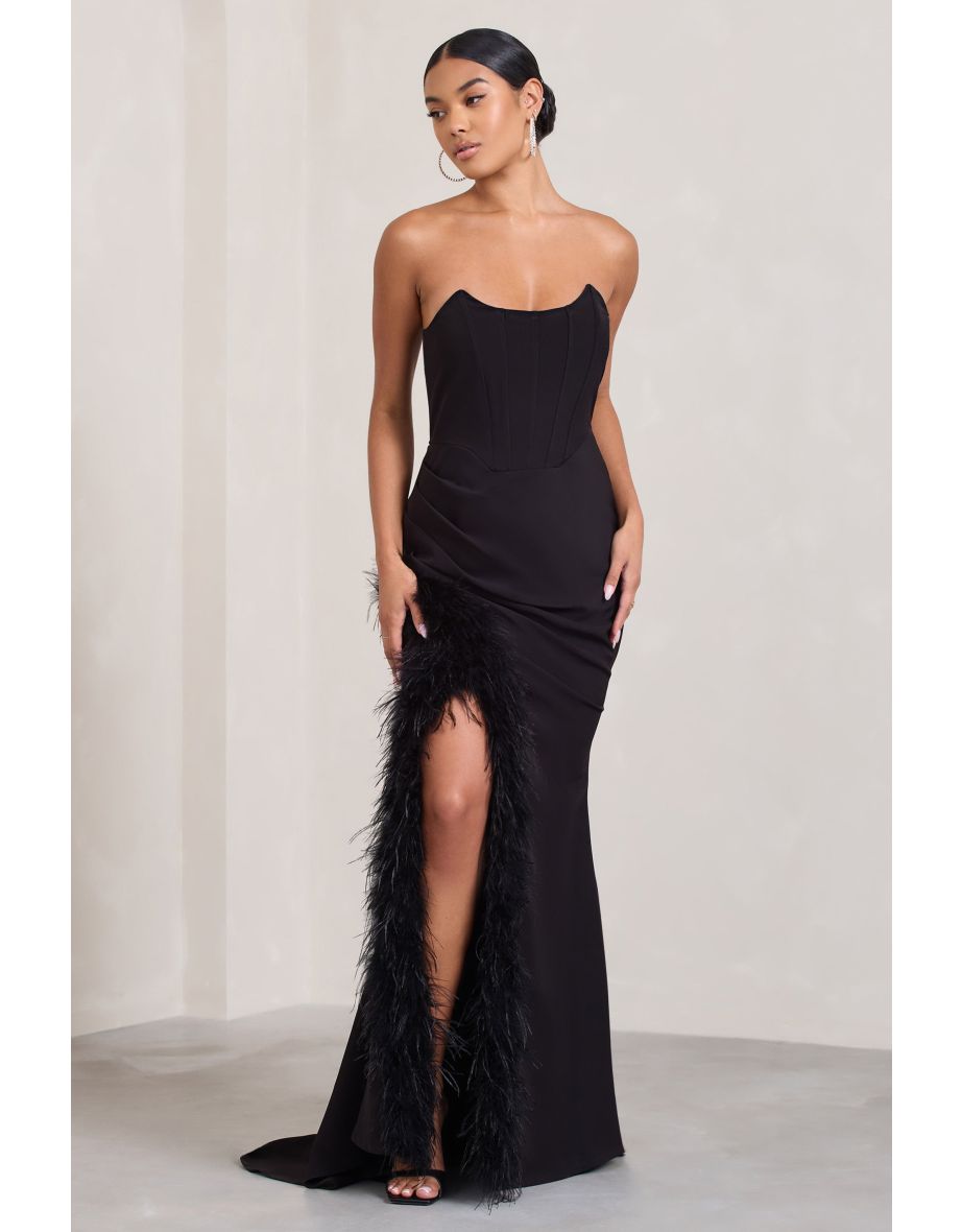 Say Yes | Black Corset Maxi Dress With Split Feather Skirt - 4