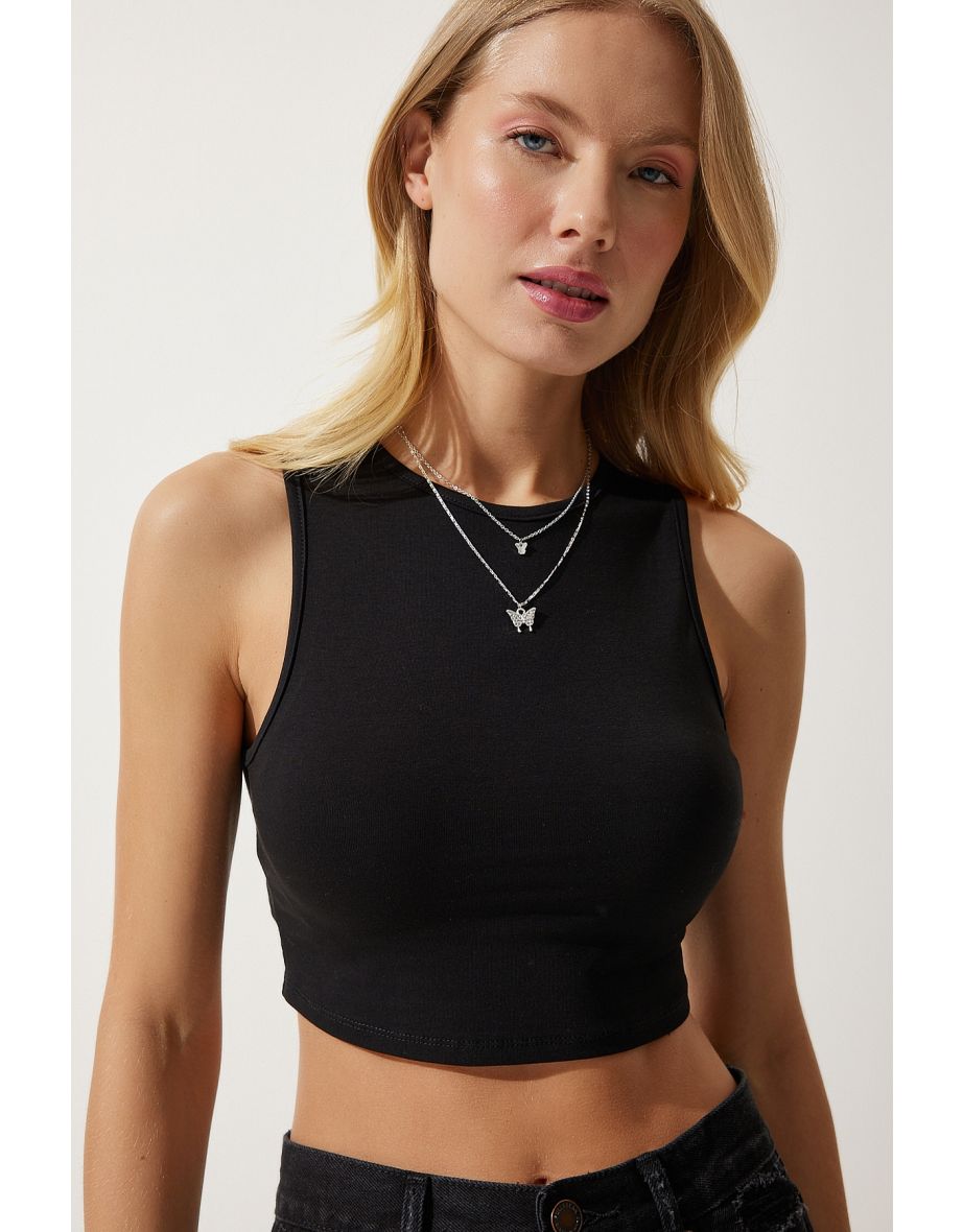 Women's Black Halter Neck Crop Knitted Blouse