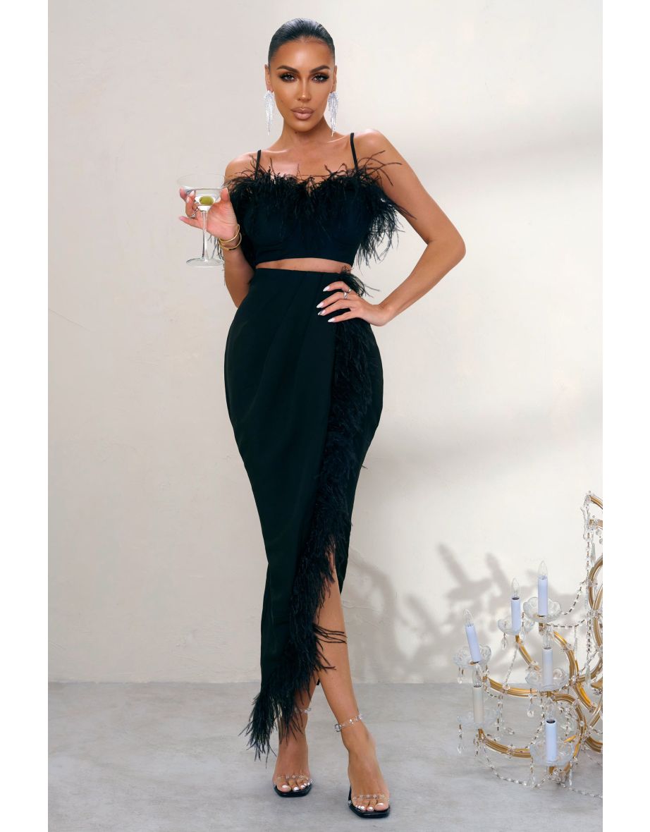 Margarita | Black Wrap Front High Waisted Midi Skirt With Feather Trim - 3
