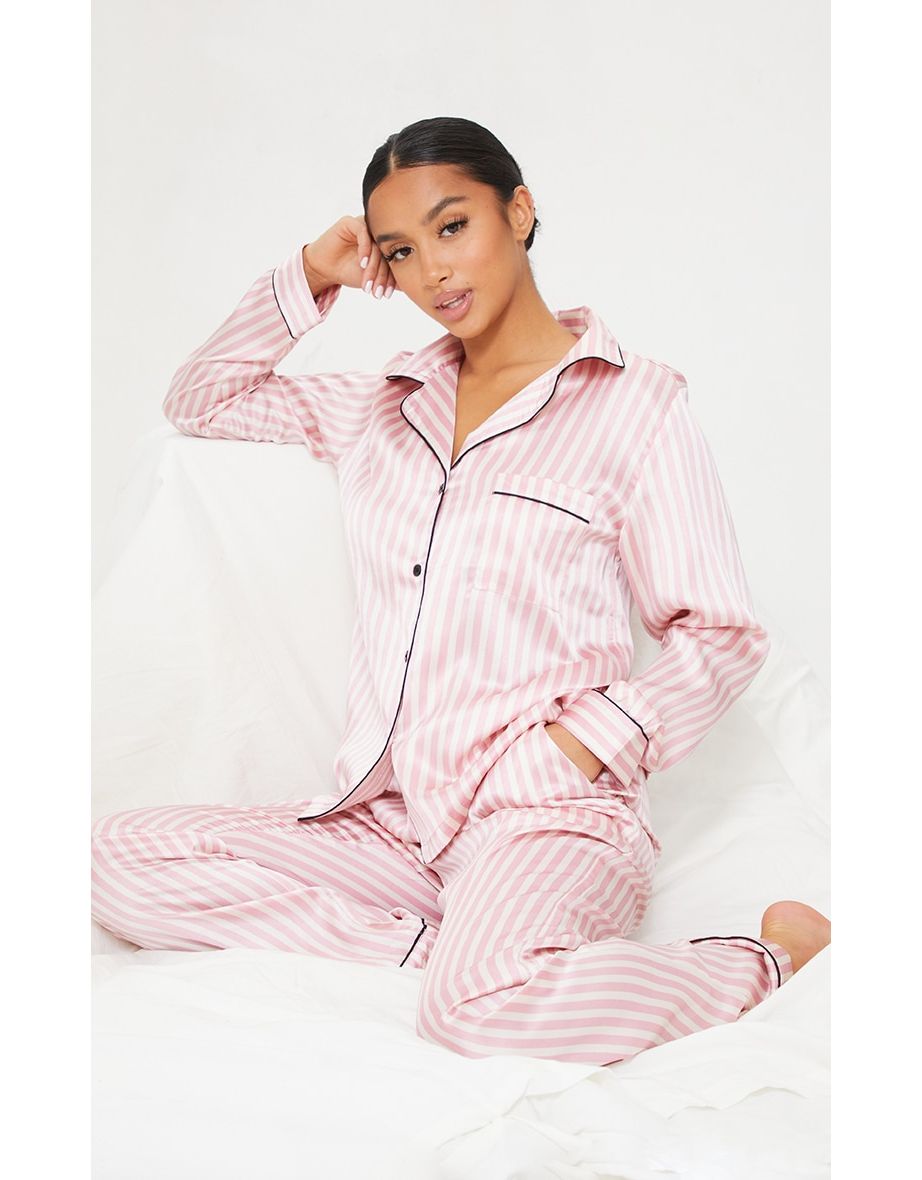 Petite Pink Stripe Long Satin PJ Set