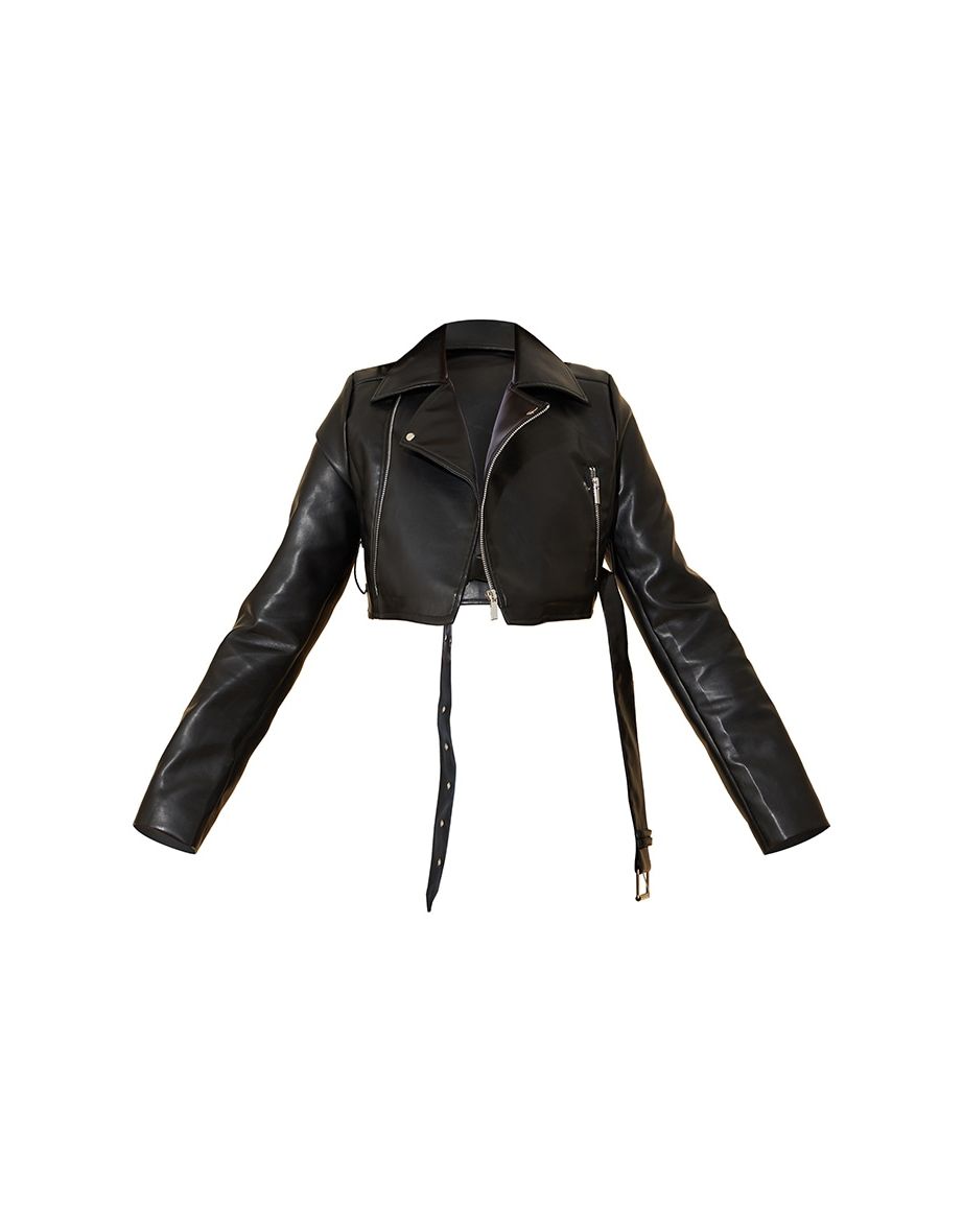 Black Faux Leather Super Cropped Belted Biker Jacket - 4