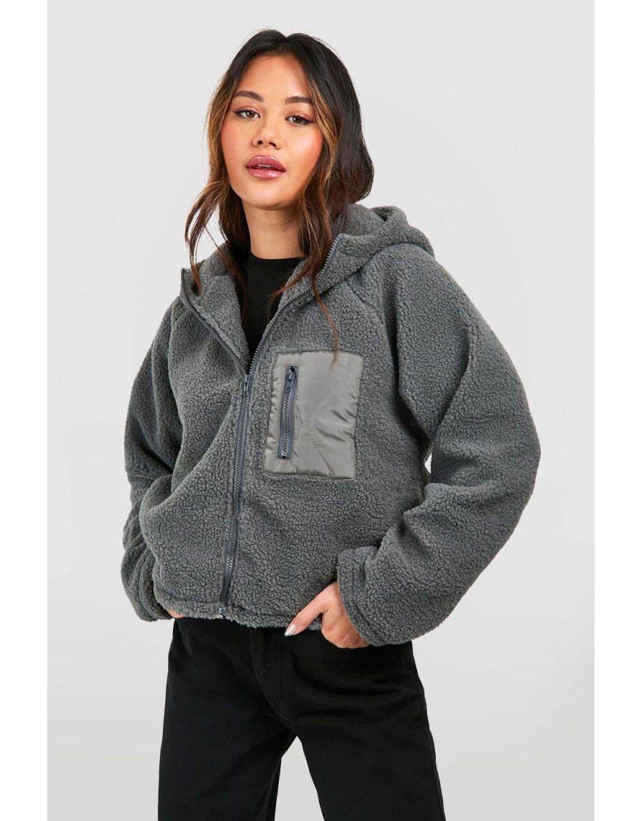 Hooded Teddy Faux Fur Jacket - charcoal
