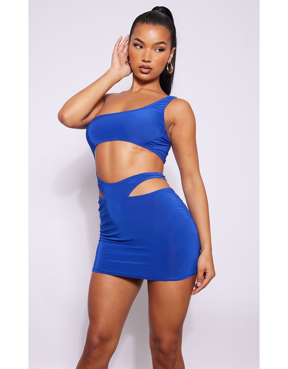 Blue One Shoulder Strap Hip Cut Out Bodycon Dress