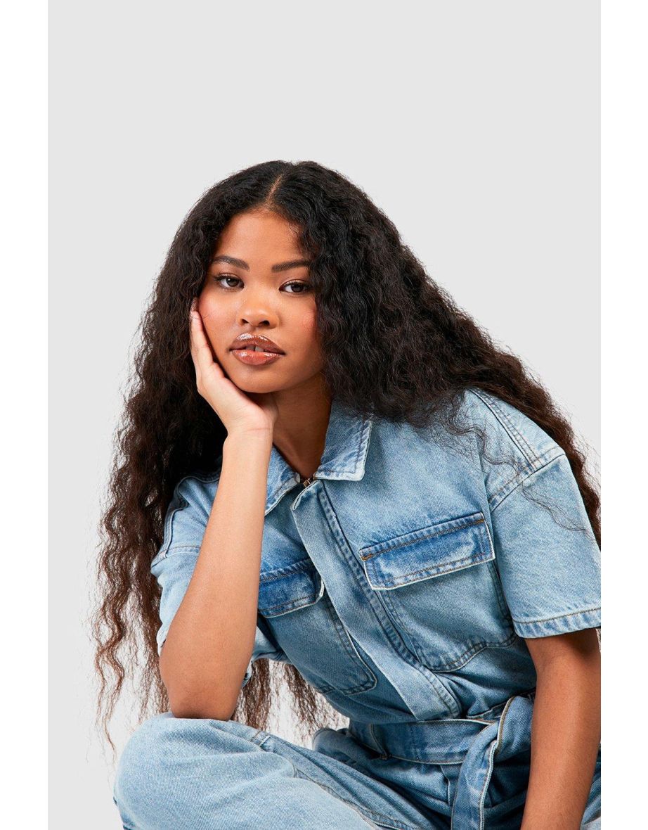 Petite Denim Short Sleeve Belted Boilersuit - mid blue - 3