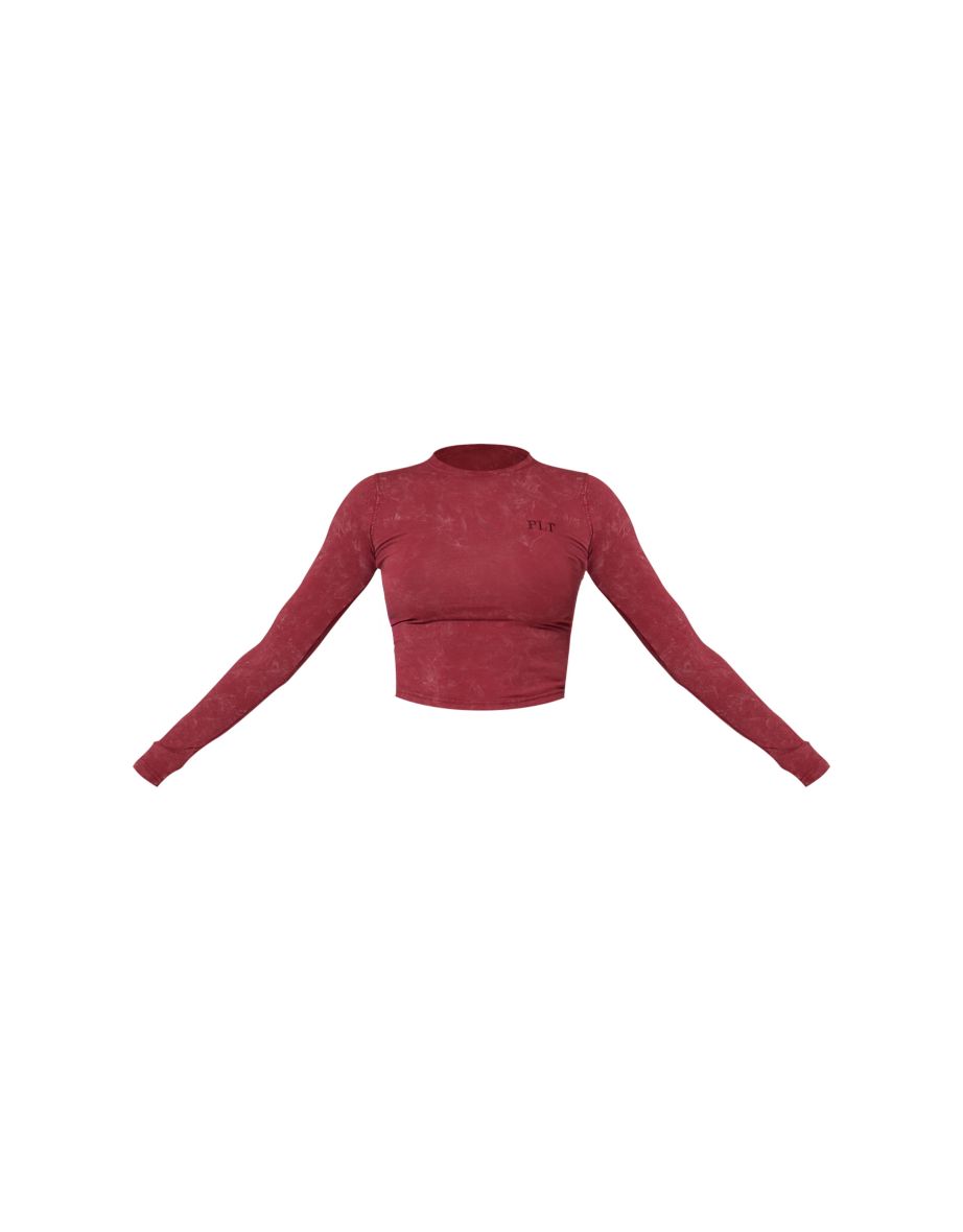 PRETTYLITTLETHING Dark Red Washed Longline Long Sleeve Cotton Fitted T-shirt - 4