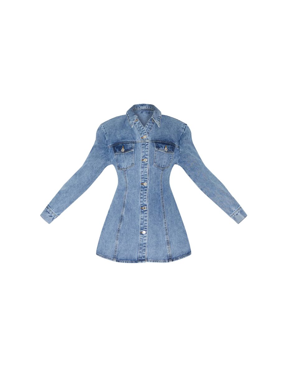 Mid Blue Wash Cinched Waist Denim Shirt Dress - 4