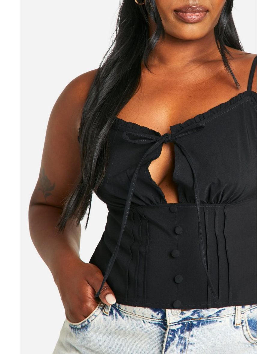 Plus Tie Front Seam Detail Button Corset Top - black - 3