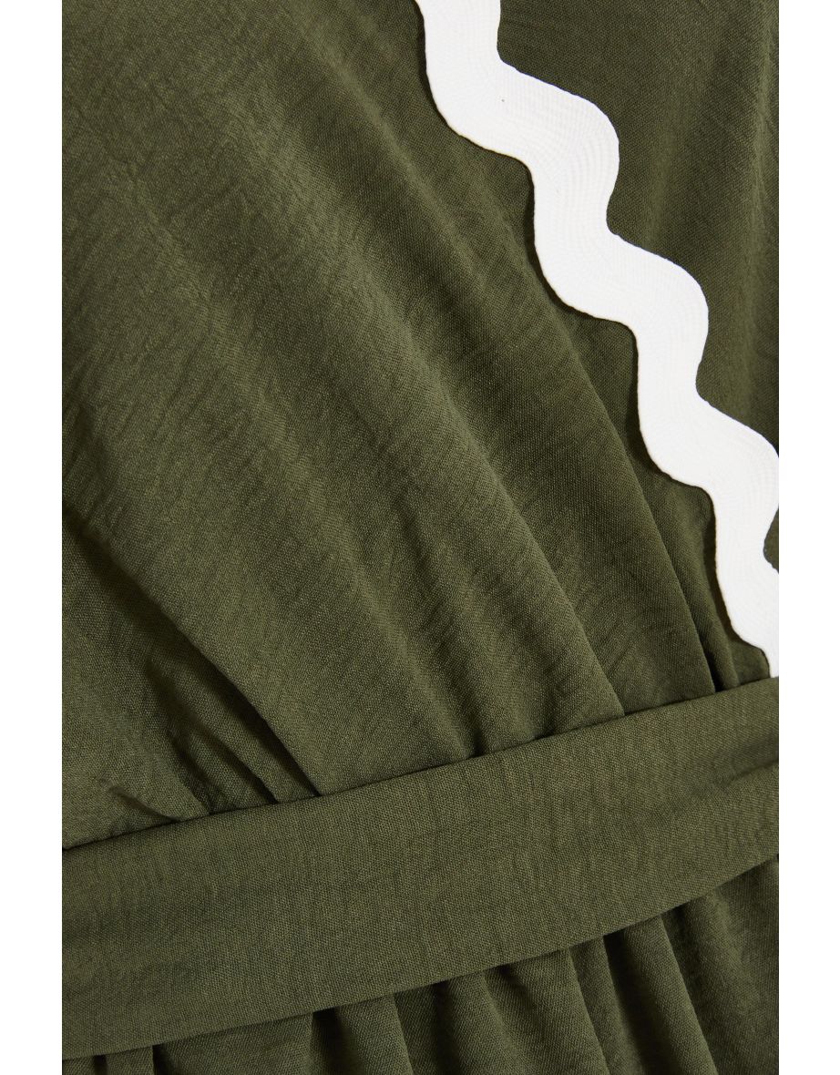 Khaki Wavy Trim Wrap Playsuit - 5