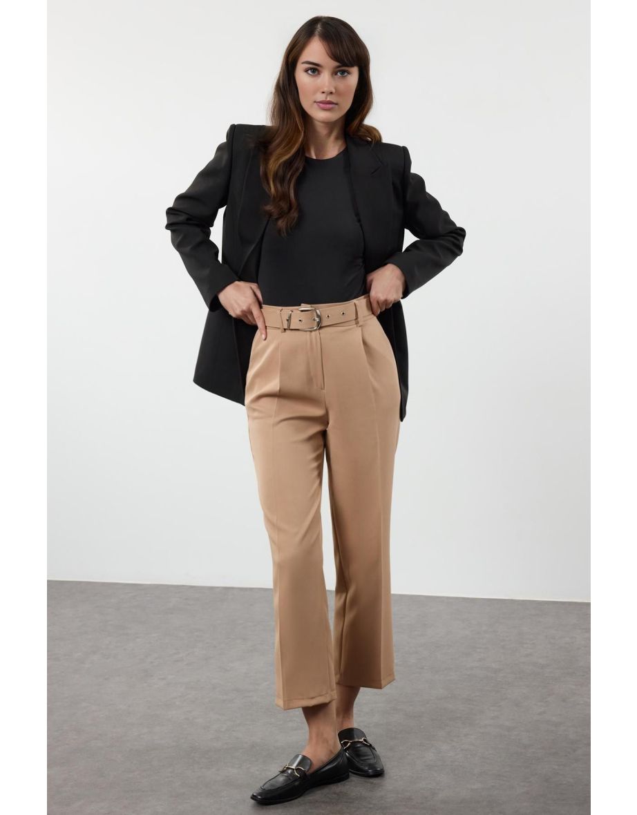 Beige Belted Ankle Length Woven Trousers