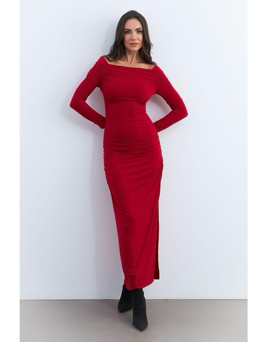 Women's Red Draped Maxi Christmas Dress