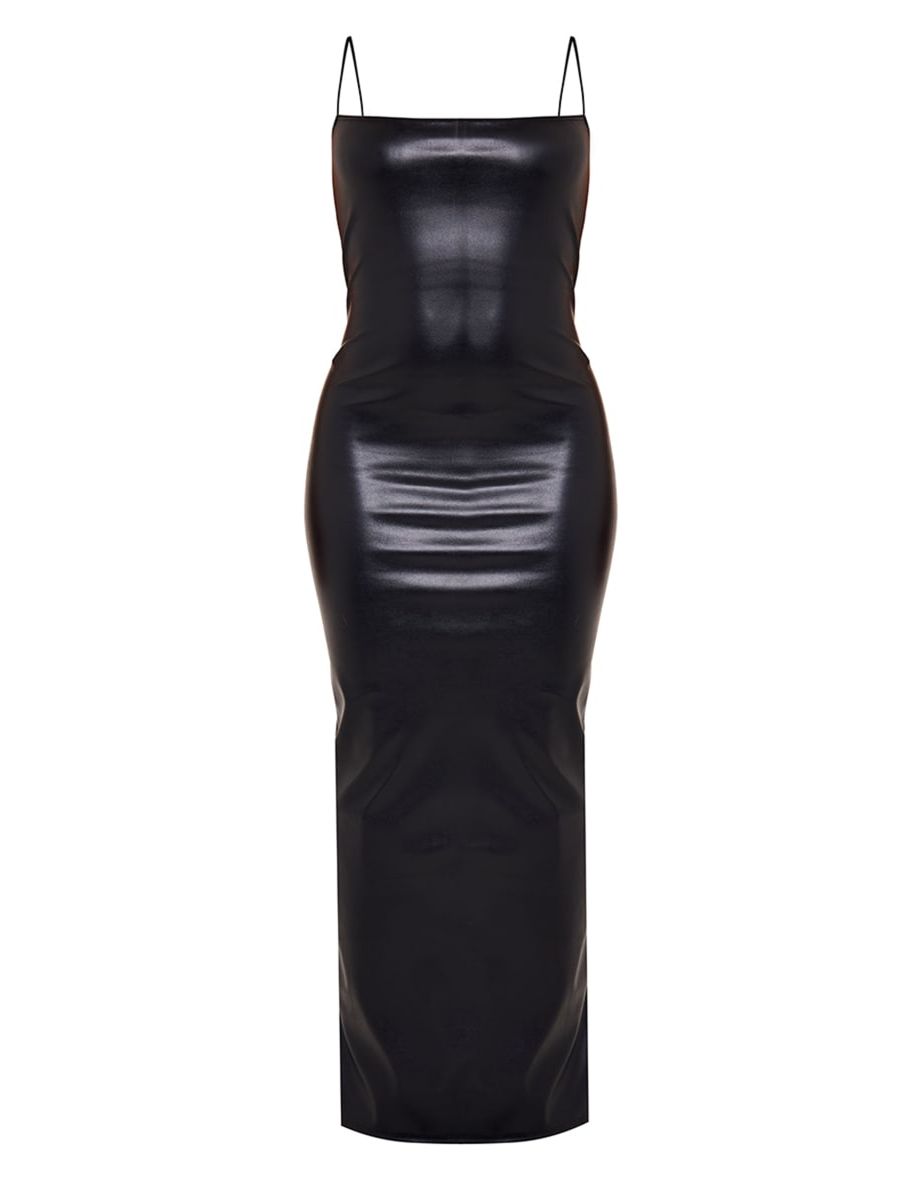 Black Faux Leather Spaghetti Strap Maxi Dress - 4