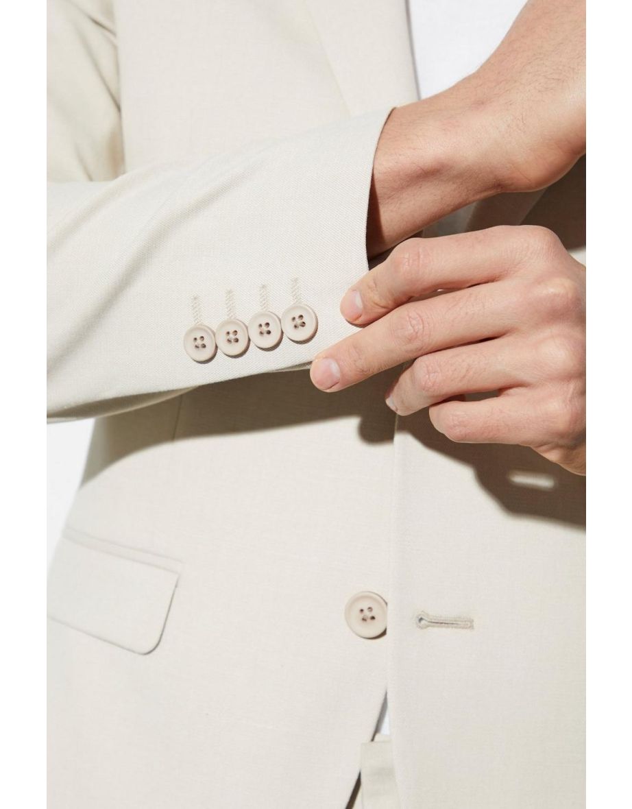 Skinny Single Breasted Linen Suit Jacket - beige - 2