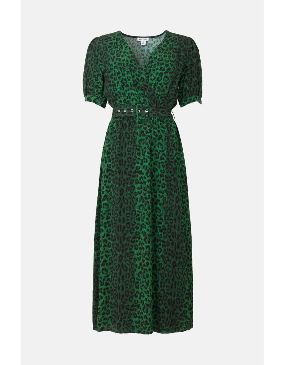 Short Sleeve Wrap Midi Dress In Animal - 3