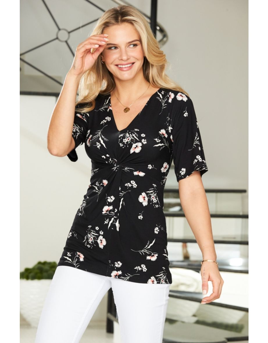 Black Floral Print Angel Sleeve Twist Front Jersey Top