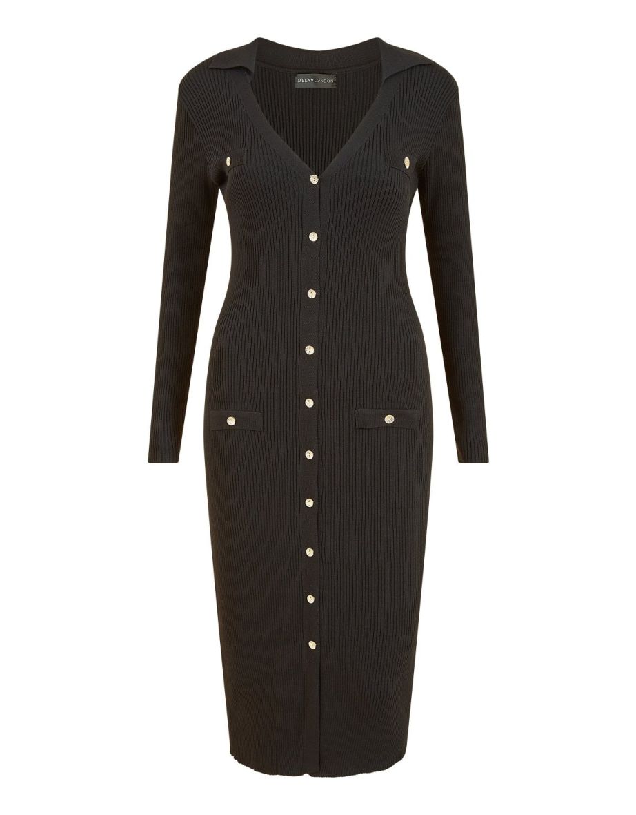 Mela Black Knitted Fitted Midi Dress With Buttons - 5
