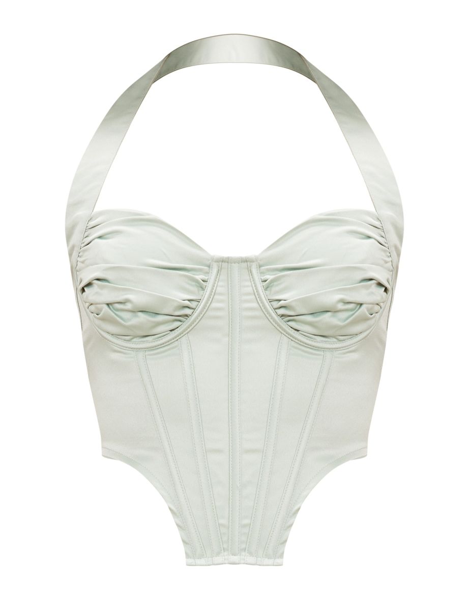 Green Paisley Print Satin Ruched Bust Halter Corset - 4