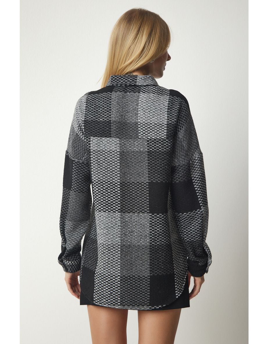 Women's Gray Black Patterned Oversized Stamp Lumberjack Shirt - 5