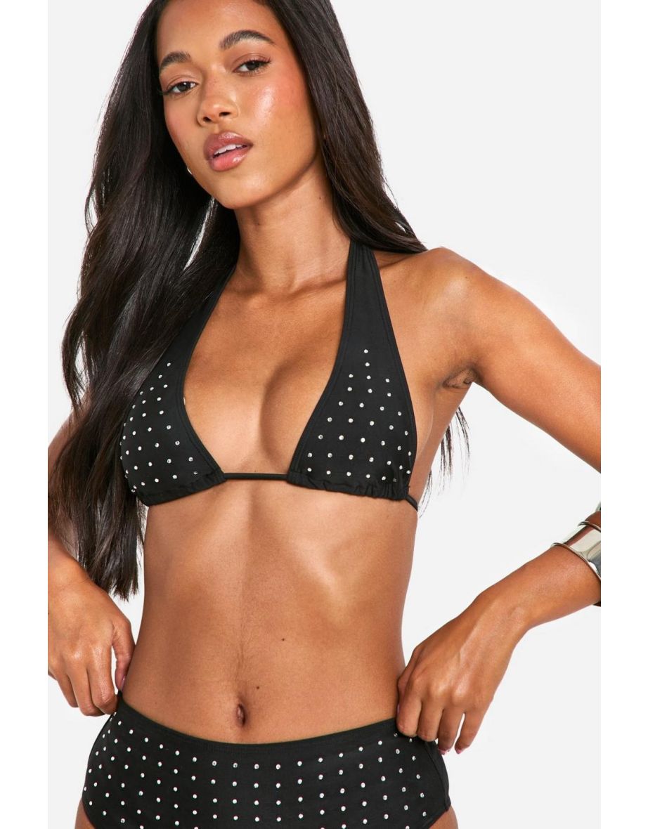 Diamante Halterneck Triangle Bikini Top - black