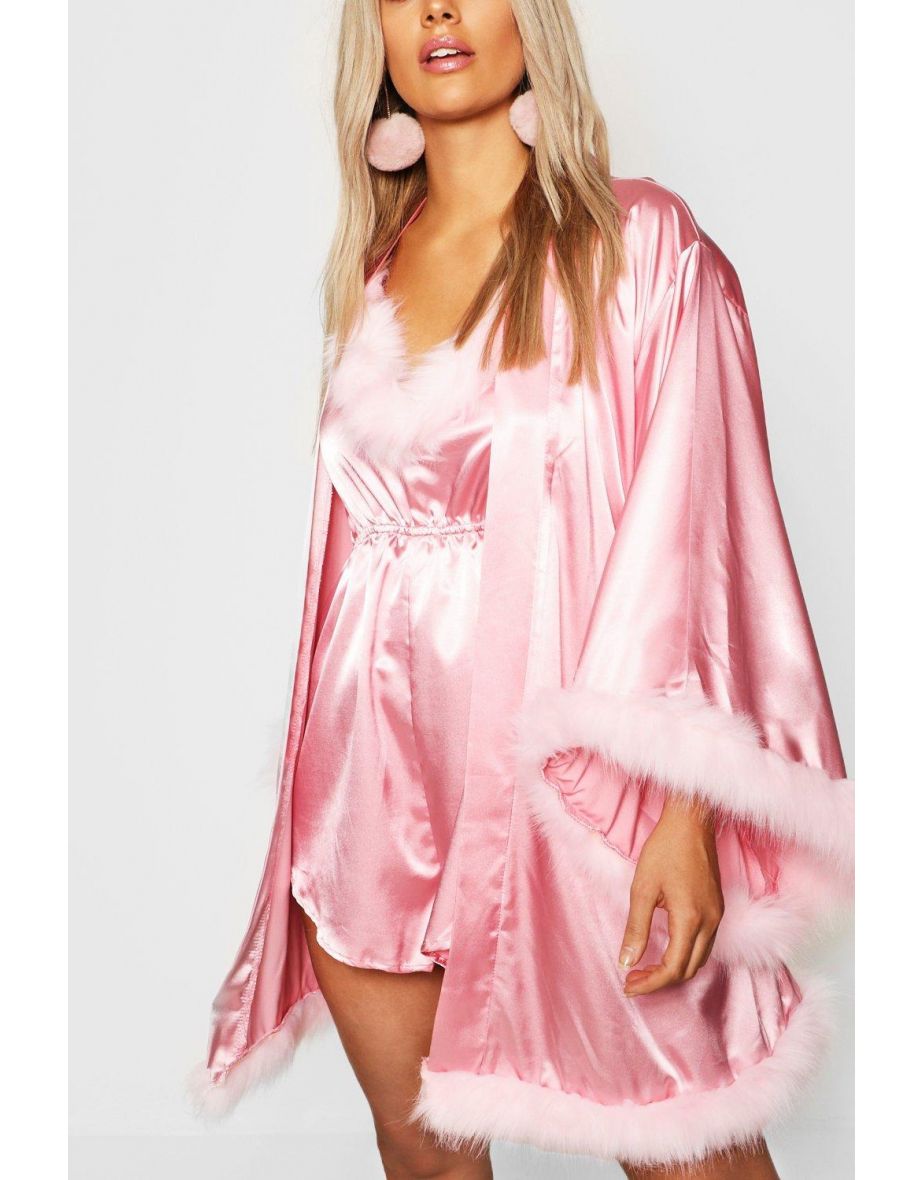 Plus Short Kimono Robe With Fluffy Sleeve - pink - 3