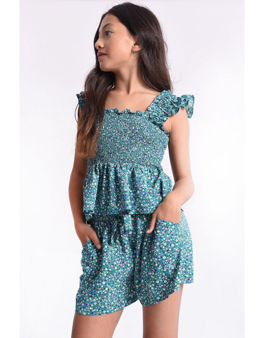 Floral Smocked Bustier Top with Ruffled Straps