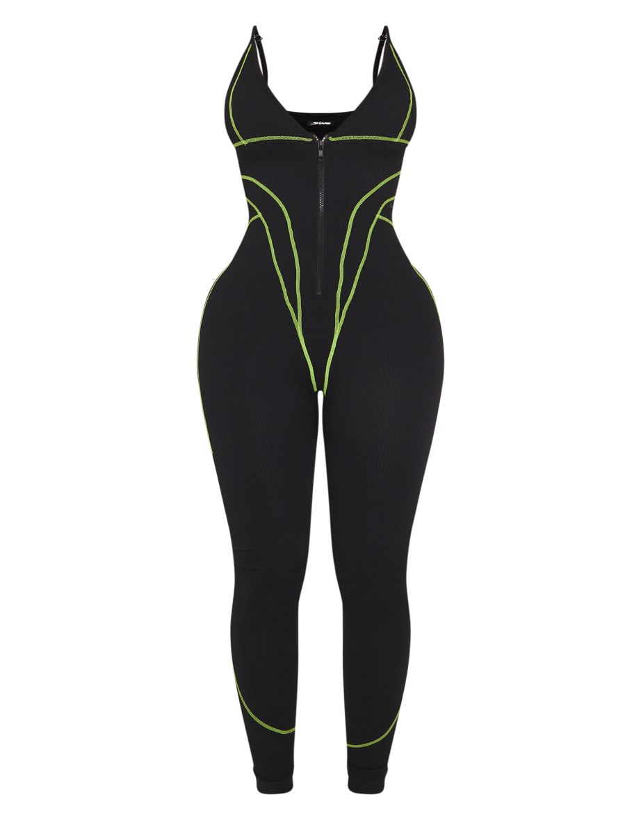 Shape Black Branded Contrast Stitch Zip Detail Gym Jumpsuit - 4