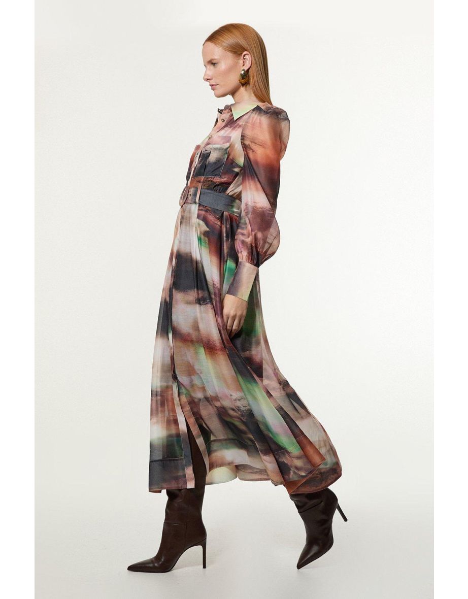Tall Marbled Organdie Belted Woven Midi Dress