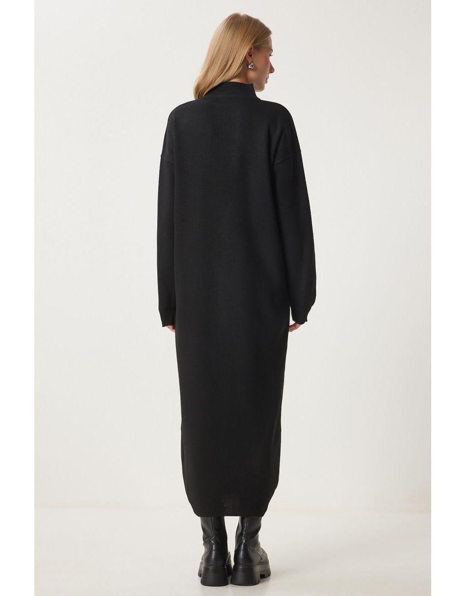 Women's Black Turtleneck Long Knit Dress - 4