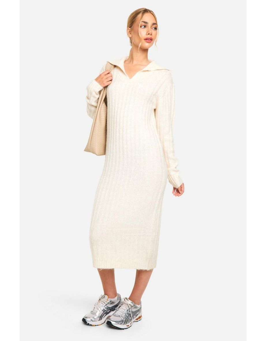 Soft Knit Thick Rib Collar Detail Midaxi Dress - ecru