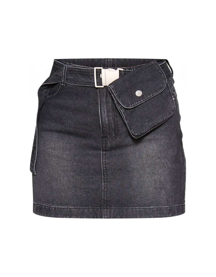 Washed Black Utility Belt Pouch Detail Denim Mini Skirt - 5