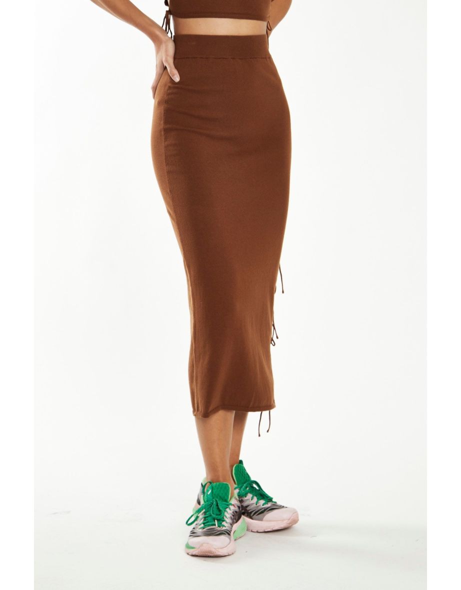 Mahogany-Brown Side Tie Knit Midi-Skirt