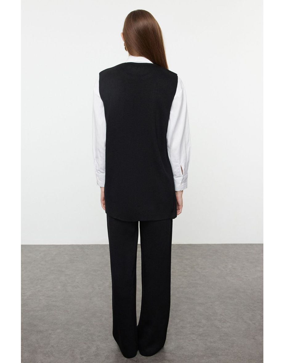 Black Button Detailed Knitwear Vest Trousers Bottom-Top Suit - 4