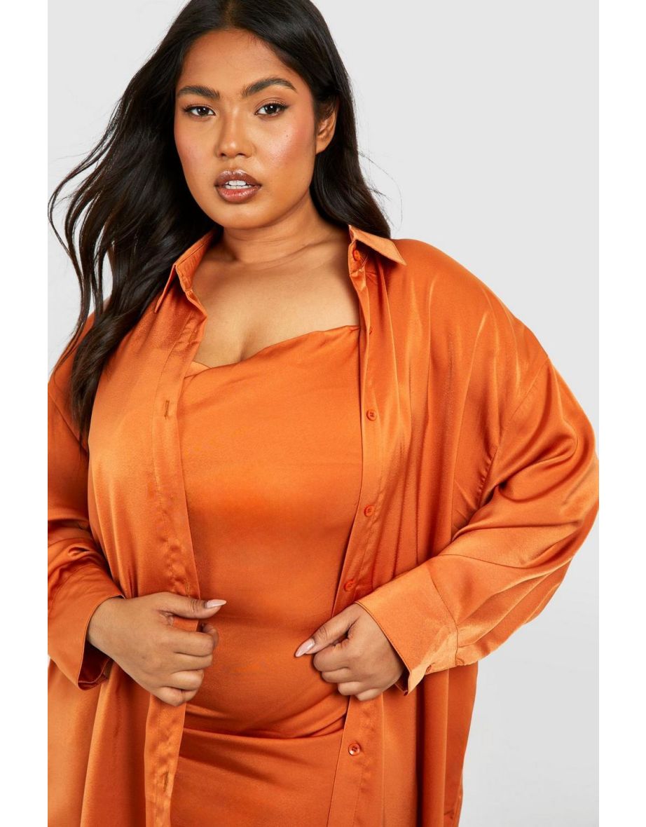 Plus Satin 2 In 1 Shirt & Satin Slip Dress - rust - 3