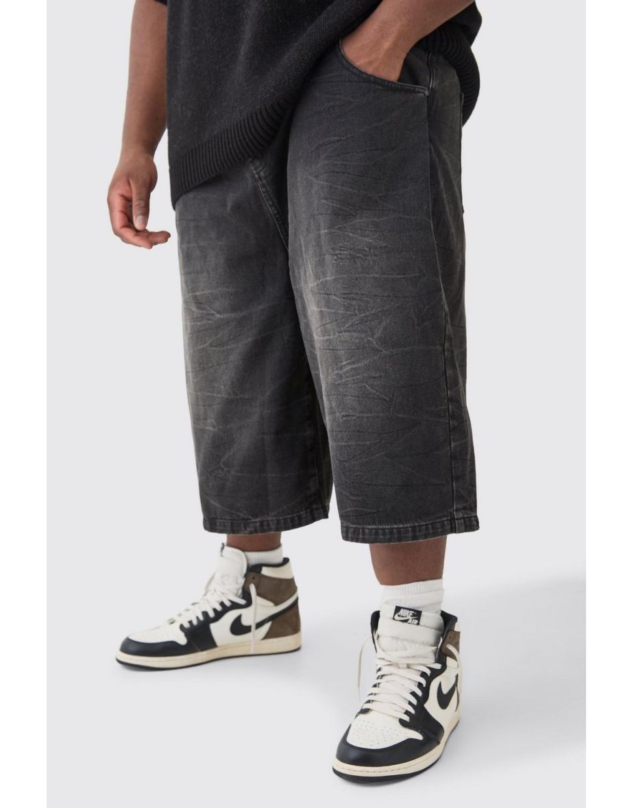 Plus Long Line Denim Jorts In Washed Black - washed black
