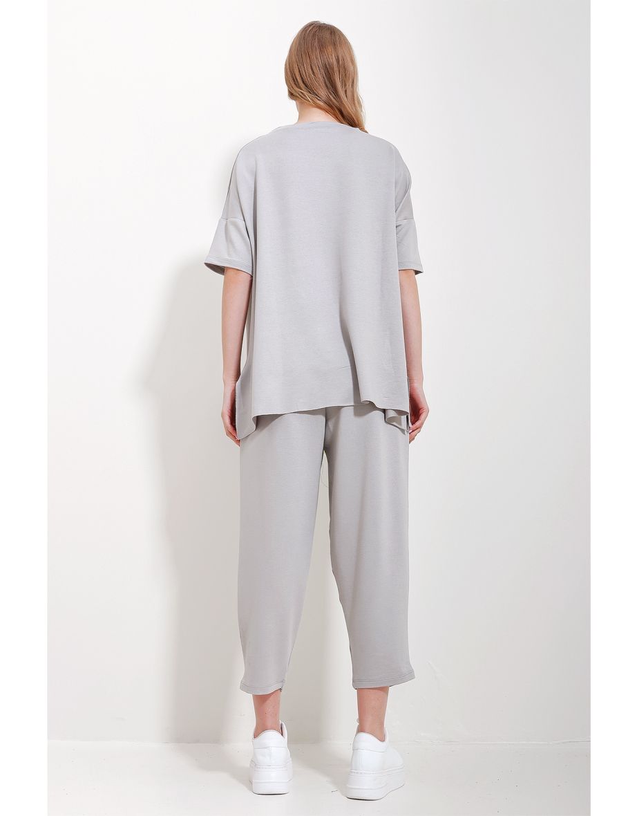 Women's Stone Crew Neck Asymmetric Cut Coated Blouse And Pants Suit - 5