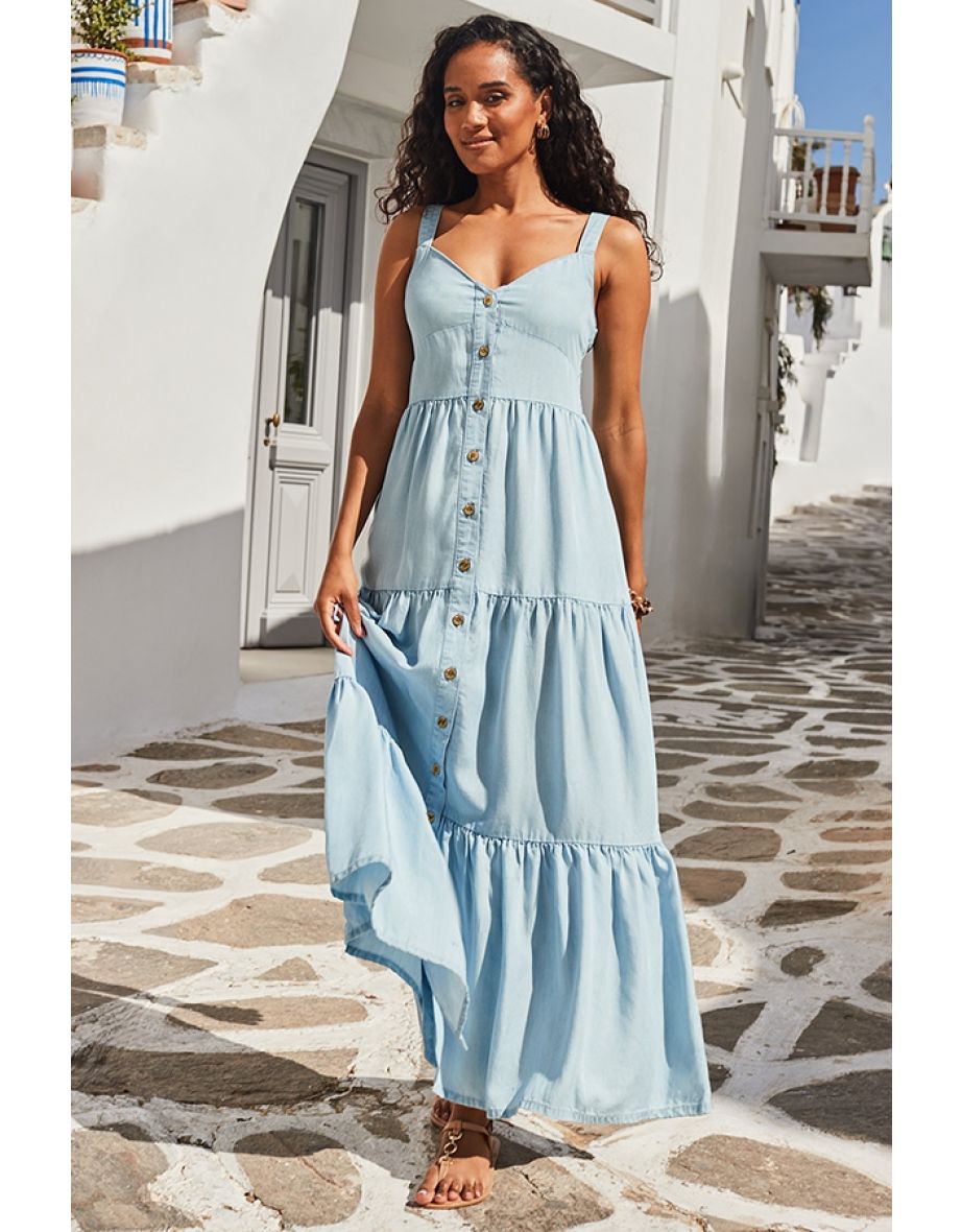 Light Wash Button Front Tiered Hem Denim Dress - 4