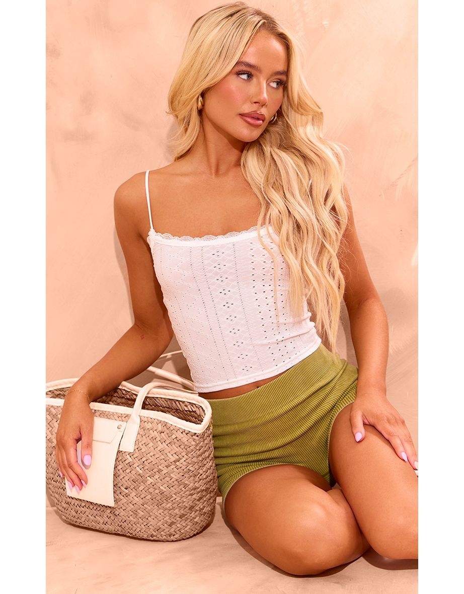 Cream Textured Stretch Lace Trim Bow Strap Cami