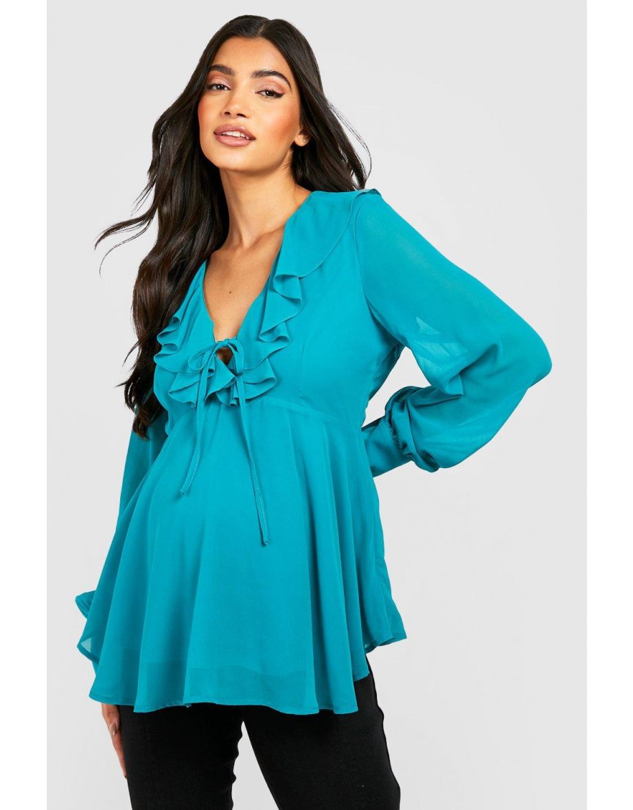 Maternity Ruffle Tie Front Smock Top - teal