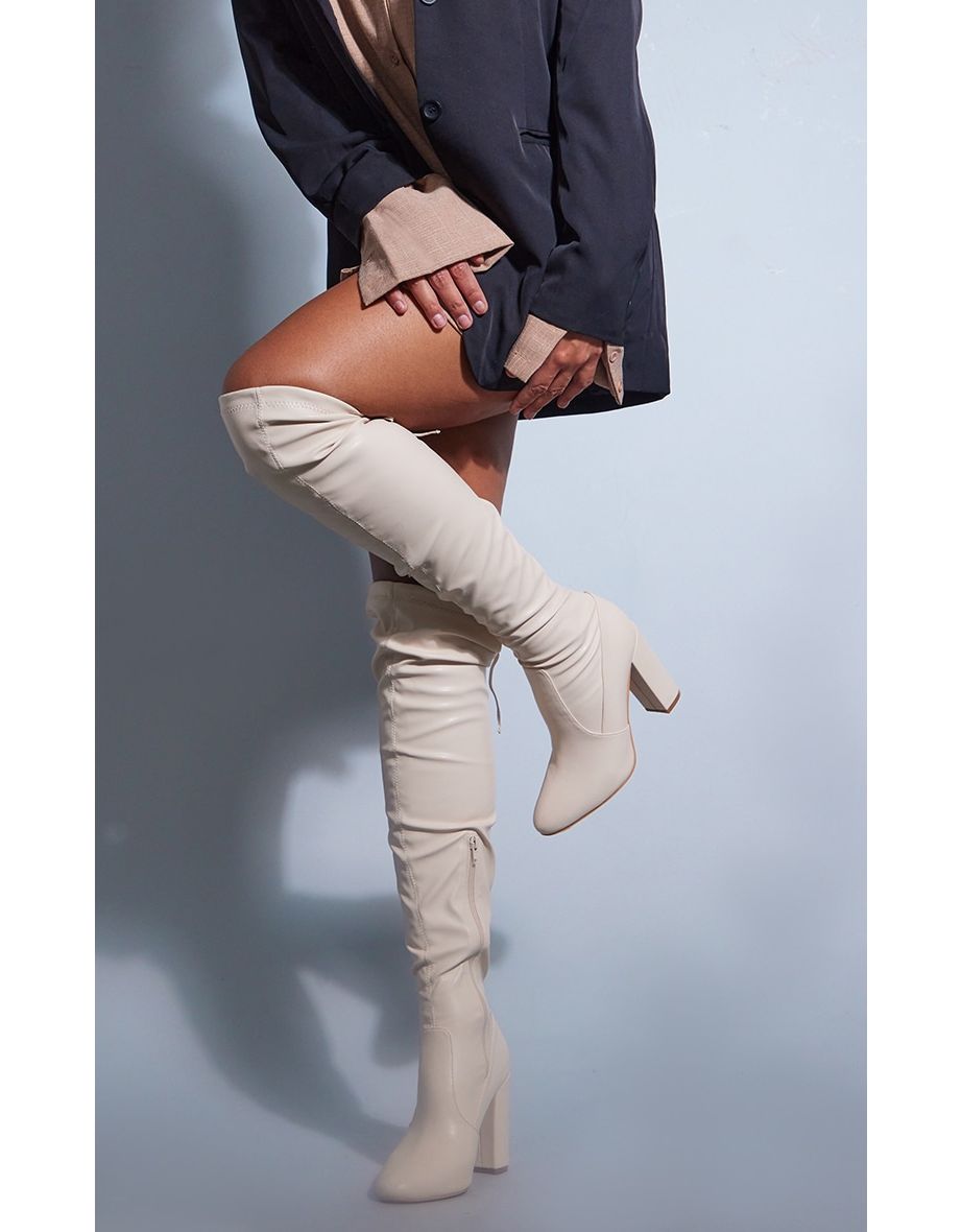 Shop Cream Faux Leather Round Toe Block Heel Over The Knee Boots Online in Bahrain VogaCloset