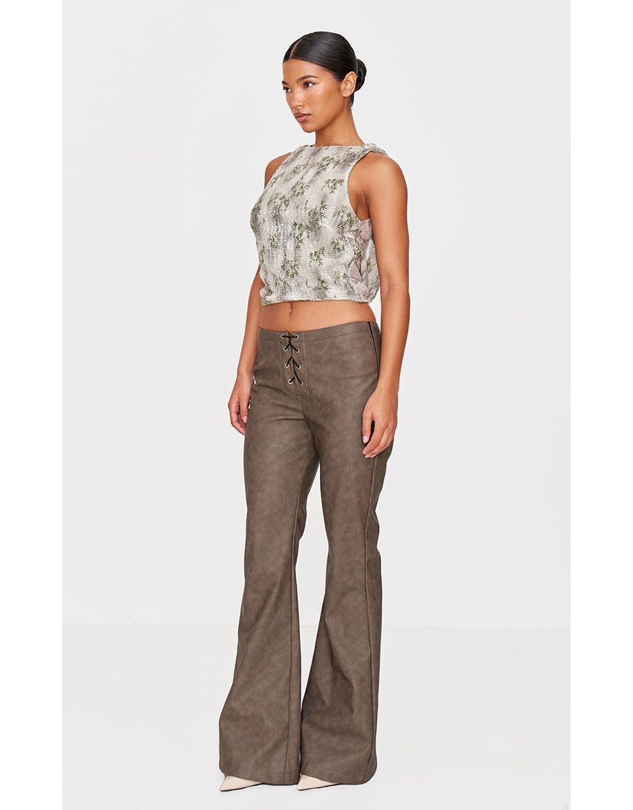 Green Textured Glitter Cowl Back Long Top