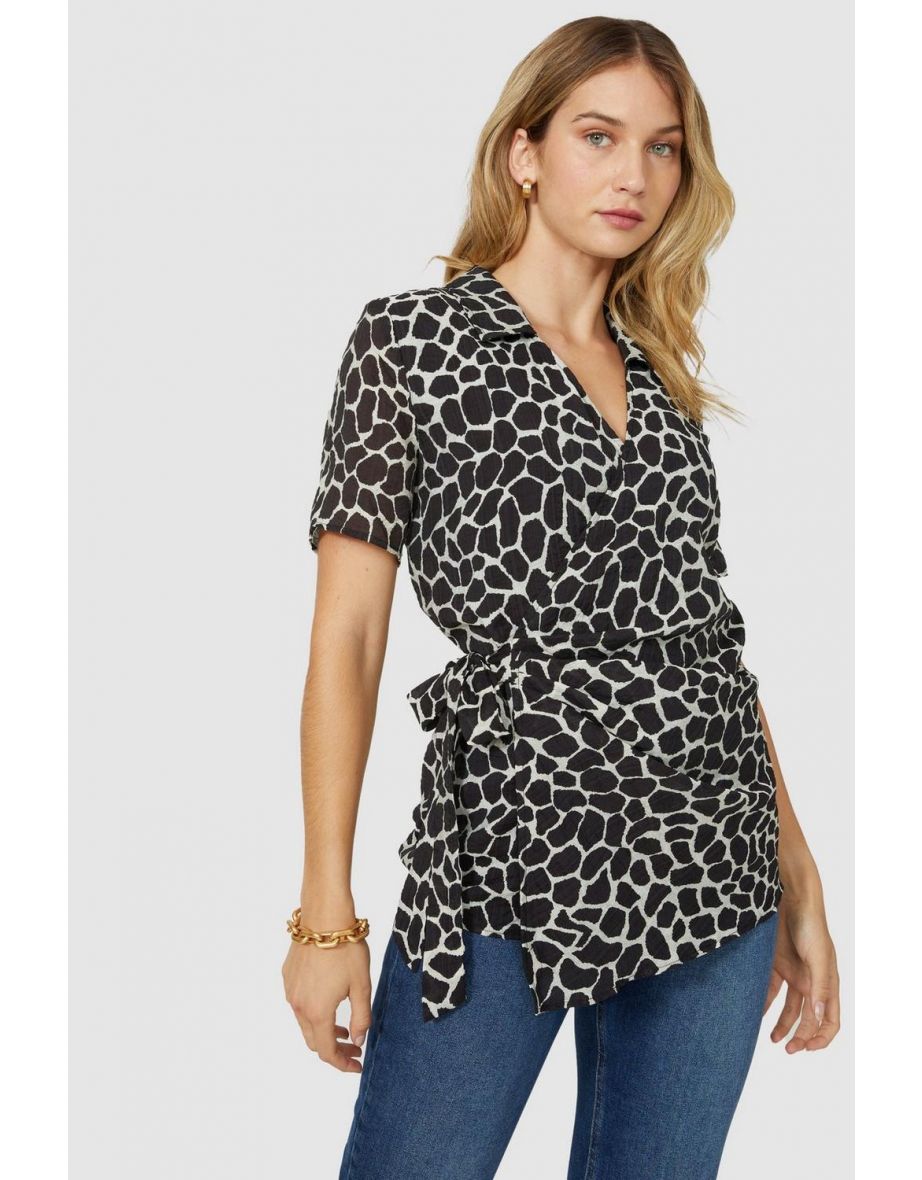 Giraffe Print Wrap Detail Tunic - black