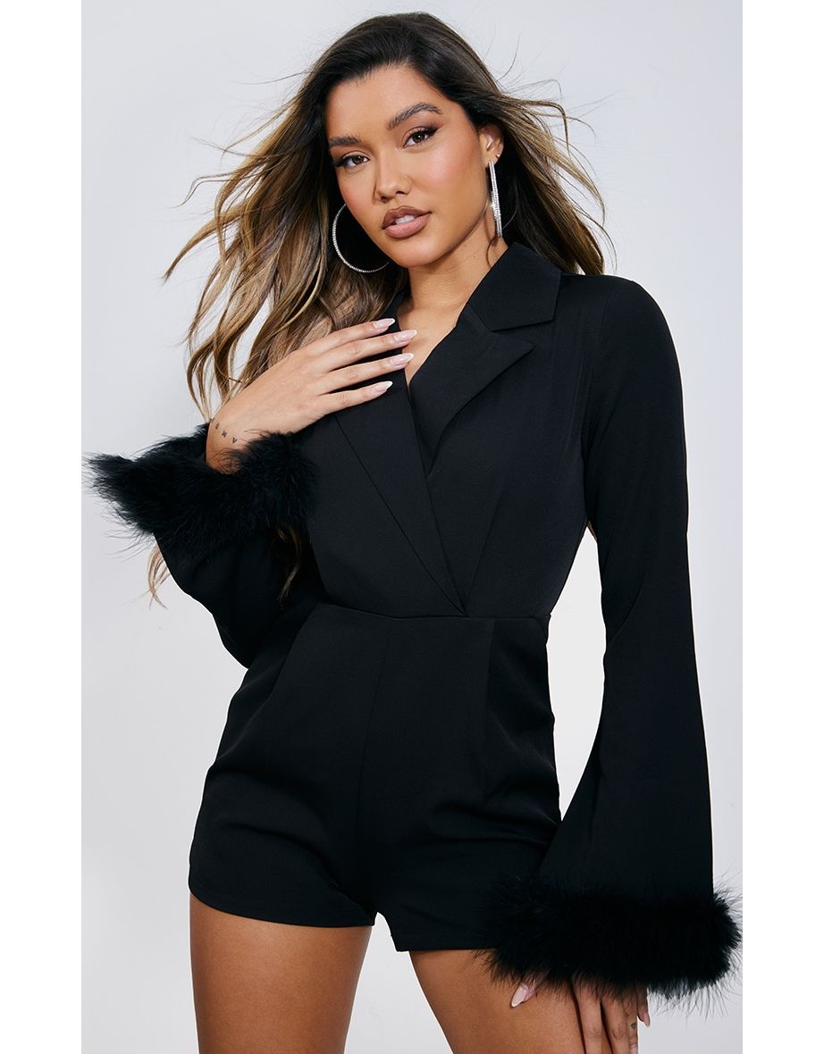 Black Feather Cuff Blazer Playsuit - 3