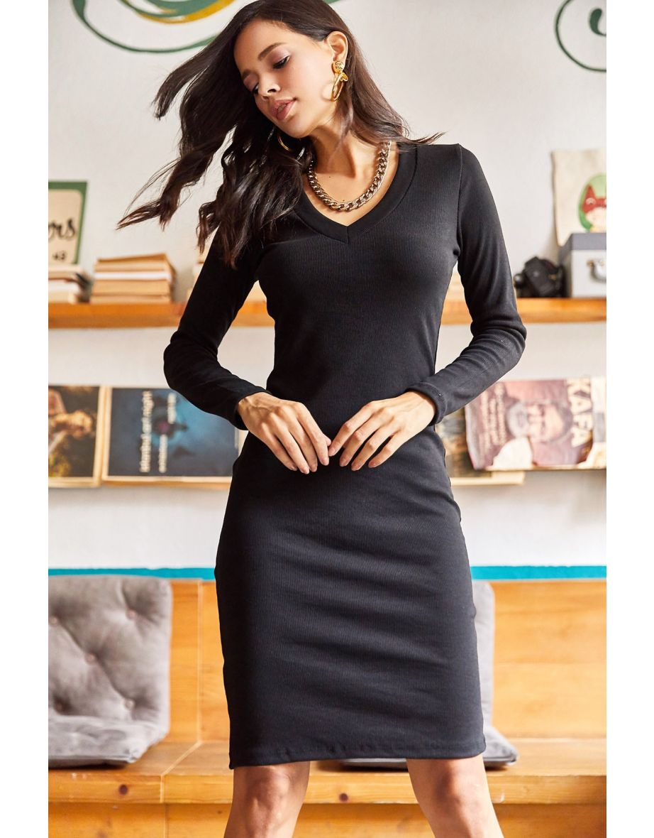 Women's Black V-Neck Lycra Mini Dress