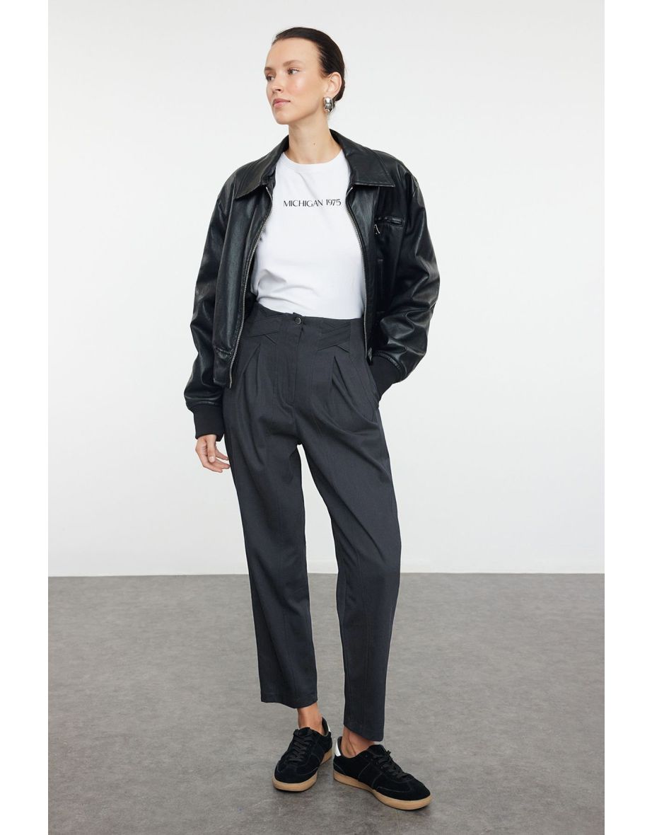 Anthracite Cotton Carrot Pattern Stripe Detailed Woven Trousers